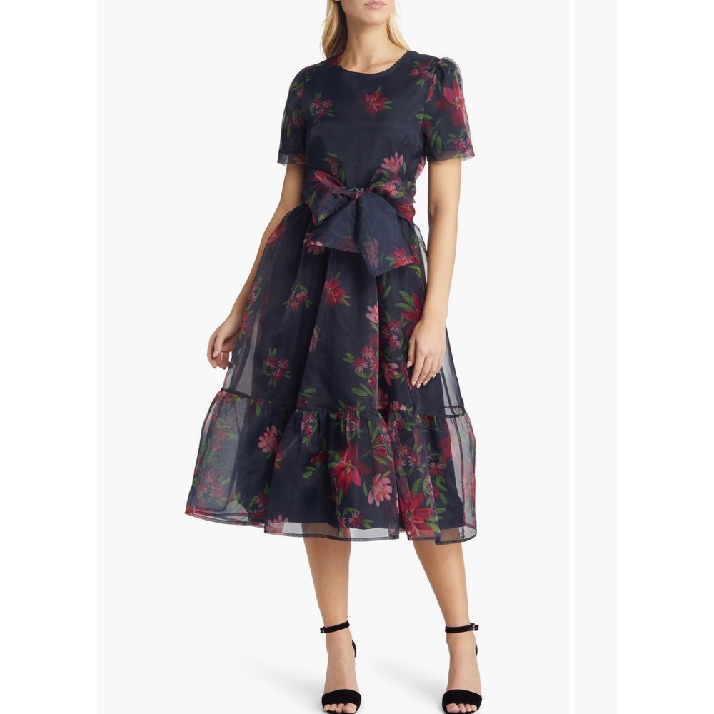 NWT Rachel Parcell Floral Tie Waist Organza Midi Dress Old Money Party Wedding 2